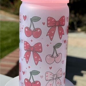Cherries bows coquette frosted can glass tumbler 16oz